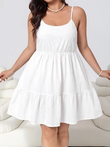 Solflare Plus Size Women's White Spring/Summer Ruffle Hem Cami Dress - White - View 2