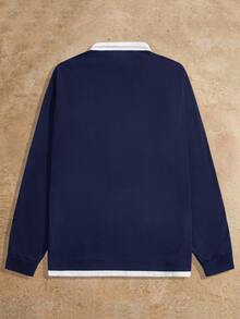 Mainfolk Men Letter Patched Detail 2 In 1 Polo Shirt, Fall, Couple Things, Long Sleeve Top - Blue and White - View 2