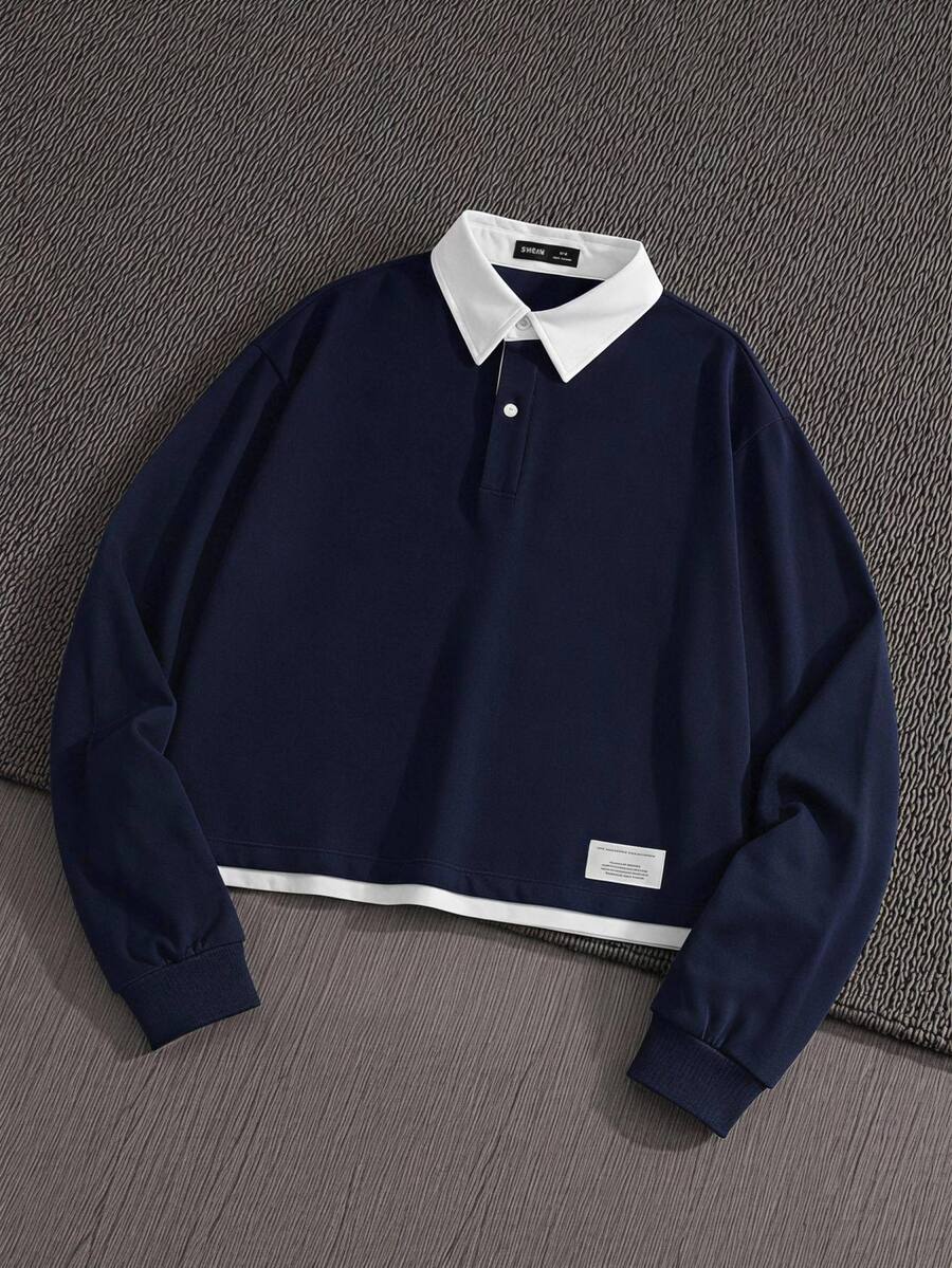 Mainfolk Men Letter Patched Detail 2 In 1 Polo Shirt, Fall, Couple Things, Long Sleeve Top - Blue and White - View 1