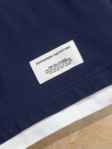 Mainfolk Men Letter Patched Detail 2 In 1 Polo Shirt, Fall, Couple Things, Long Sleeve Top - Blue and White - View 4