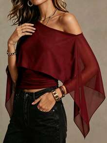 Ritzy Row Women's Design Solid Color Asymmetrical Shoulder Pleated Cape Blouse - Burgundy - View 6