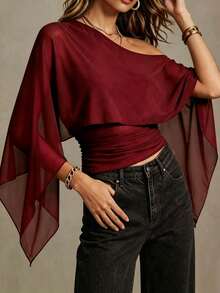 Ritzy Row Women's Design Solid Color Asymmetrical Shoulder Pleated Cape Blouse - Burgundy - View 4