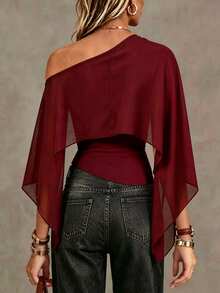 Ritzy Row Women's Design Solid Color Asymmetrical Shoulder Pleated Cape Blouse - Burgundy - View 3