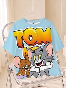 TOM & JERRY X SHEIN Men's Letter & Cartoon Print Casual Everyday Short Sleeve T-Shirt - White - View 1