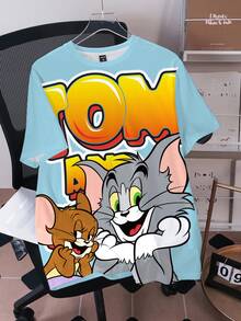 TOM & JERRY X SHEIN Men's Letter & Cartoon Print Casual Everyday Short Sleeve T-Shirt - White - View 3