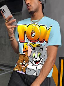 TOM & JERRY X SHEIN Men's Letter & Cartoon Print Casual Everyday Short Sleeve T-Shirt - White - View 4