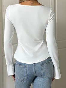 SHEIN EZwear 1 件休闲纯色系带袖口喇叭袖开衩下摆 T 恤，秋季 - 白色 - 查看 2