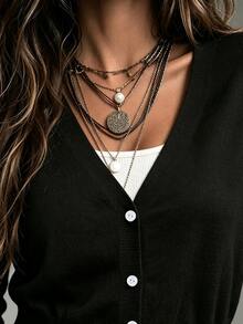 SHEIN Solid Button Front Crop Cardigan,Long Sleeve Tops Fall Winter Cloth For Women - Black - View 4