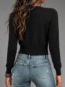 SHEIN Solid Button Front Crop Cardigan,Long Sleeve Tops Fall Winter Cloth For Women - Black - View 2