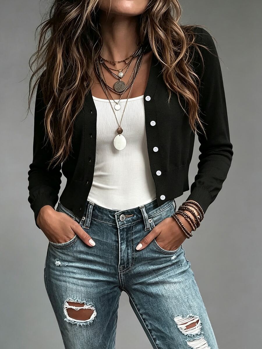 SHEIN Solid Button Front Crop Cardigan,Long Sleeve Tops Fall Winter Cloth For Women - Black - View 1