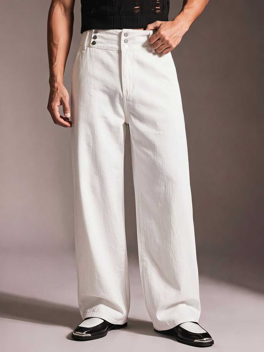 FeverCity Men's Washed Loose Casual Rhinestone Decorated New Stylish Personalized Pants - White - View 1
