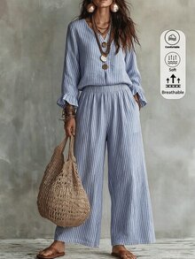 Offisola Blue & White Striped V-Neck Jumpsuit Women Summer Ruffle Sleeve Big Button Wide Leg Pants - Baby Blue - View 7