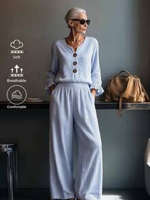 Offisola Blue & White Striped V-Neck Jumpsuit Women Summer Ruffle Sleeve Big Button Wide Leg Pants - Baby Blue - View 1