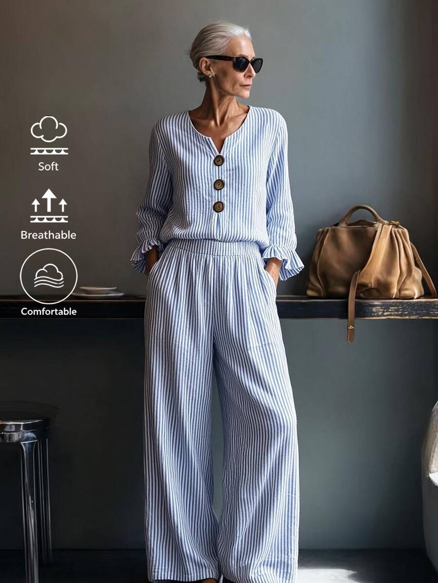 Offisola Blue & White Striped V-Neck Jumpsuit Women Summer Ruffle Sleeve Big Button Wide Leg Pants - Baby Blue - View 1