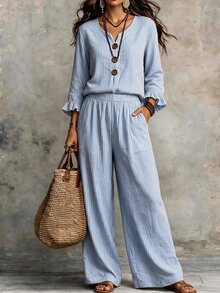 Offisola Blue & White Striped V-Neck Jumpsuit Women Summer Ruffle Sleeve Big Button Wide Leg Pants - Baby Blue - View 4