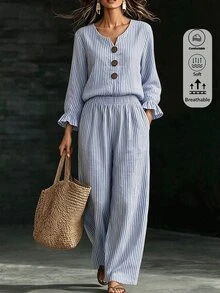Offisola Blue & White Striped V-Neck Jumpsuit Women Summer Ruffle Sleeve Big Button Wide Leg Pants - Baby Blue - View 5
