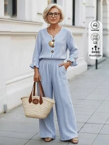 Offisola Blue & White Striped V-Neck Jumpsuit Women Summer Ruffle Sleeve Big Button Wide Leg Pants - Baby Blue - View 6