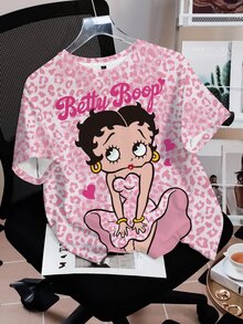 Betty Boop x SHEIN 女款夏季休閒豹紋卡通圖案T恤 - 白色 - 查看 6