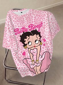 Betty Boop x SHEIN 女款夏季休閒豹紋卡通圖案T恤 - 白色 - 查看 1