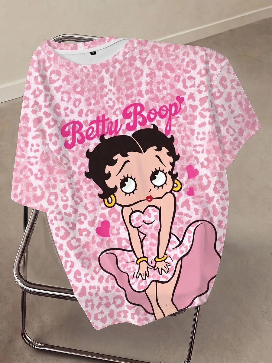 Betty Boop x SHEIN 女款夏季休閒豹紋卡通圖案T恤 - 白色 - 查看 1