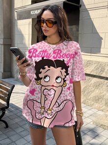 Betty Boop x SHEIN 女款夏季休閒豹紋卡通圖案T恤 - 白色 - 查看 3