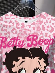 Betty Boop x SHEIN 女款夏季休閒豹紋卡通圖案T恤 - 白色 - 查看 4