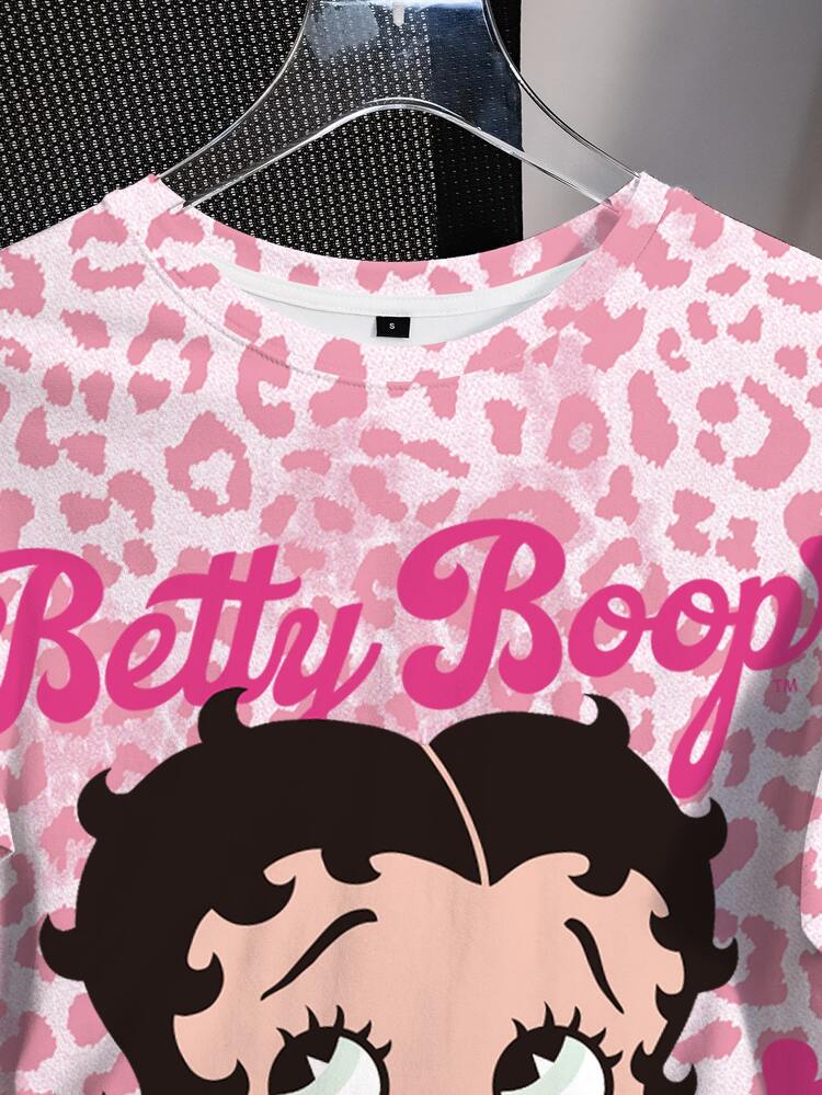 Betty Boop x SHEIN Women's Summer Casual Leopard Print Cartoon Graphic T-Shirt - White - View 4
