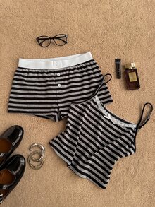 Attitoon Y2K Grunge Striped Striped Colorblock Camisole Top And Shorts Casual Daily 2 Pieces Set - Grey - View 5