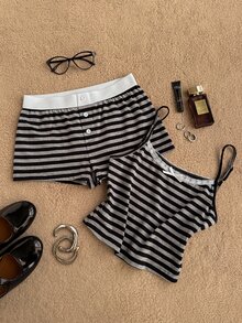 Attitoon Y2K Grunge Striped Striped Colorblock Camisole Top And Shorts Casual Daily 2 Pieces Set - Grey - View 2