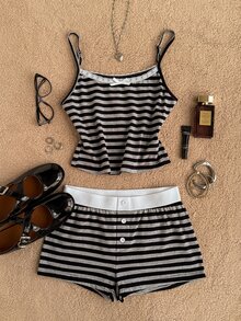 Attitoon Y2K Grunge Striped Striped Colorblock Camisole Top And Shorts Casual Daily 2 Pieces Set - Grey - View 4