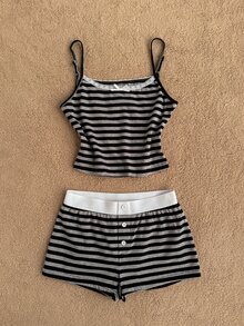 Attitoon Y2K Grunge Striped Striped Colorblock Camisole Top And Shorts Casual Daily 2 Pieces Set - Grey - View 6
