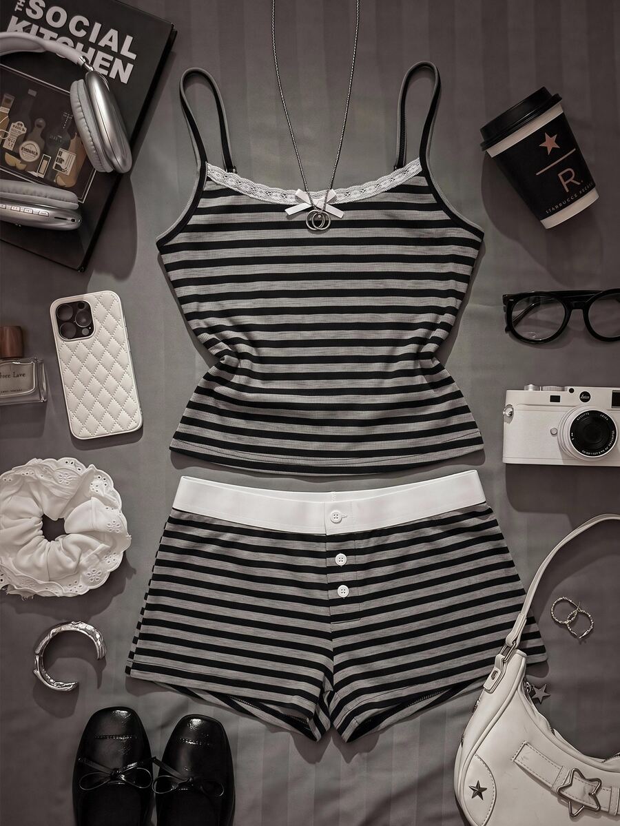 Attitoon Y2K Grunge Striped Striped Colorblock Camisole Top And Shorts Casual Daily 2 Pieces Set - Grey - View 1