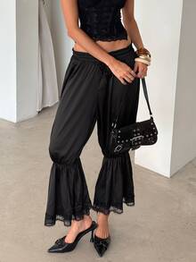 Aloruh Women's Spring/Summer New Elegant Romantic Fashionable Luxurious Satin Lace Lantern Pants, Suitable For Vacation, Dating, Outing - Black - View 6