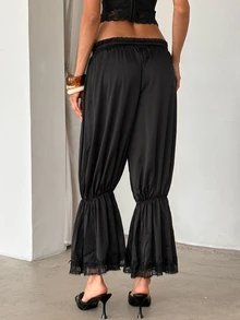 Aloruh Women's Spring/Summer New Elegant Romantic Fashionable Luxurious Satin Lace Lantern Pants, Suitable For Vacation, Dating, Outing - Black - View 4