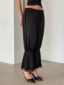 Aloruh Women's Spring/Summer New Elegant Romantic Fashionable Luxurious Satin Lace Lantern Pants, Suitable For Vacation, Dating, Outing - Black - View 7