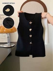 GlowEve CURVE 2026 Plus Size Women's Fashionable Casual Minimalist Versatile Seashell Button Cardigan Vest Perfect For Everyday Wear Fall Winter - Black - View 1