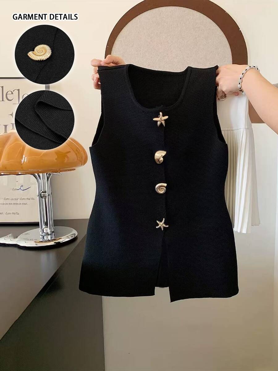GlowEve CURVE 2026 Plus Size Women's Fashionable Casual Minimalist Versatile Seashell Button Cardigan Vest Perfect For Everyday Wear Fall Winter - Black - View 1