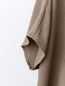 SHEIN LUNE CURVE Plus Size Women's Retro V-Neck Ruffle Trim Shoulder Sleeve Blouse - Khaki - View 3