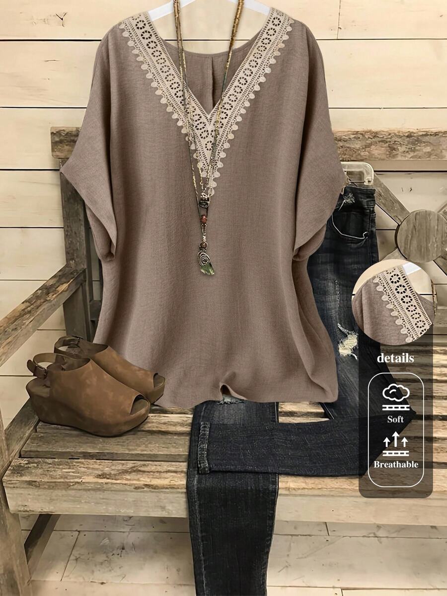 SHEIN LUNE CURVE Plus Size Women's Retro V-Neck Ruffle Trim Shoulder Sleeve Blouse - Khaki - View 1