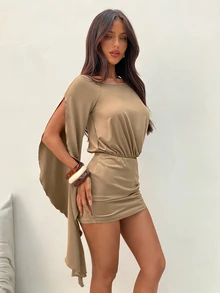 Aloruh Women's Khaki Autumn Boho Chic Vacation Holiday Elegant Y2K Off-Shoulder Asymmetric Ruffle Sleeve Bodycon Mini Dress - Khaki - View 7