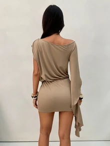 Aloruh Women's Khaki Autumn Boho Chic Vacation Holiday Elegant Y2K Off-Shoulder Asymmetric Ruffle Sleeve Bodycon Mini Dress - Khaki - View 3