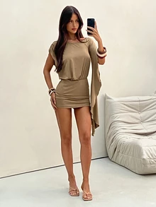Aloruh Women's Khaki Autumn Boho Chic Vacation Holiday Elegant Y2K Off-Shoulder Asymmetric Ruffle Sleeve Bodycon Mini Dress - Khaki - View 8