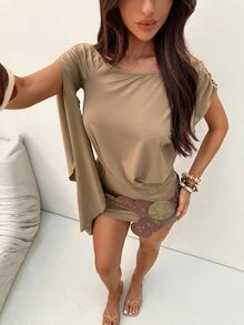 Aloruh Women's Khaki Autumn Boho Chic Vacation Holiday Elegant Y2K Off-Shoulder Asymmetric Ruffle Sleeve Bodycon Mini Dress - Khaki - View 2