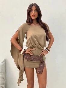 Aloruh Women's Khaki Autumn Boho Chic Vacation Holiday Elegant Y2K Off-Shoulder Asymmetric Ruffle Sleeve Bodycon Mini Dress - Khaki - View 4