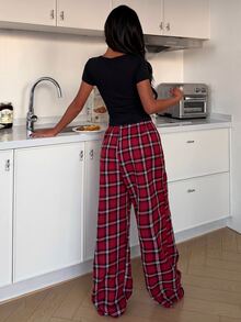 ZzzCrew 2pcs/Set Sexy Slim Square Neck Button-Up Short Sleeve Top And Plaid Pants Loungewear - Black - View 6