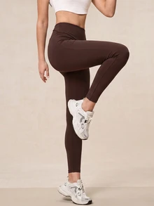 SHEIN Glamour Women High Waist Cross Cutout Back Leggings Sculpted Butt Lifting Medium Support Stretch Workout Fall Gym Running Activewear Yoga Pants - Brown - View 8