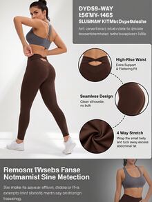SHEIN Glamour Women High Waist Cross Cutout Back Leggings Sculpted Butt Lifting Medium Support Stretch Workout Fall Gym Running Activewear Yoga Pants - Brown - View 5