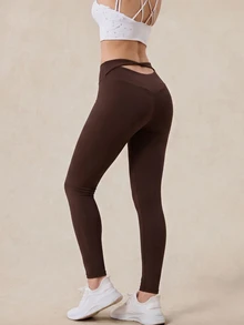 SHEIN Glamour Women High Waist Cross Cutout Back Leggings Sculpted Butt Lifting Medium Support Stretch Workout Fall Gym Running Activewear Yoga Pants - Brown - View 3