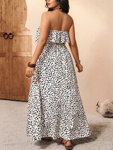 Breezaya Plus Size Casual Boho Bohemian Strapless Fitted Waist Tassel Decor Asymmetrical Leopard Print Slit Sleeveless Dress Vacation Beach All White Autumn - Black and White - View 2