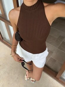Autumina Women's Summer Brown Lazy Minimalist Casual Versatile Sexy Hot Girl Style Halter Knit Top - Brown - View 4